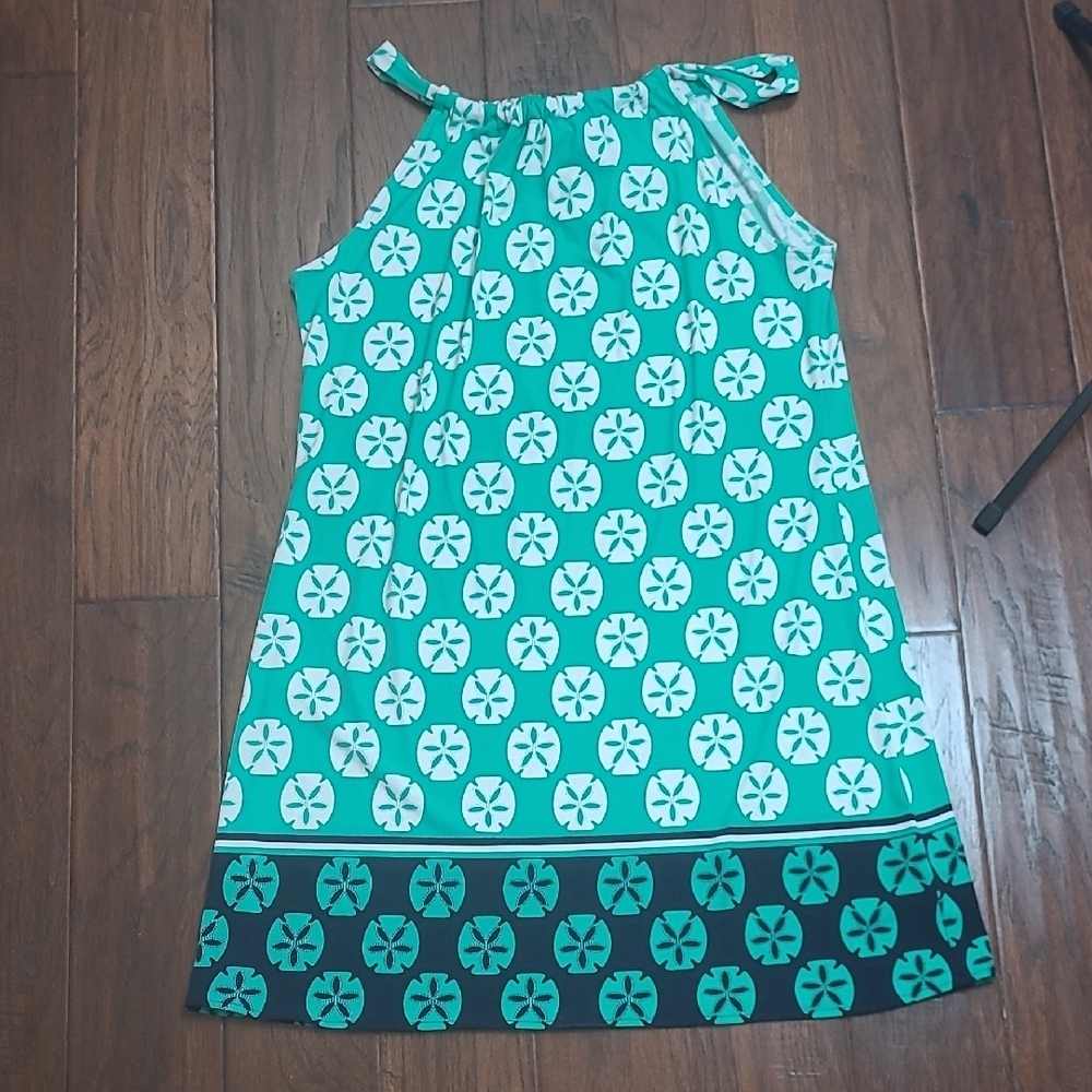 Kaari Blue Teal Green & White Halter Sundress with Sanddollar Design size Large